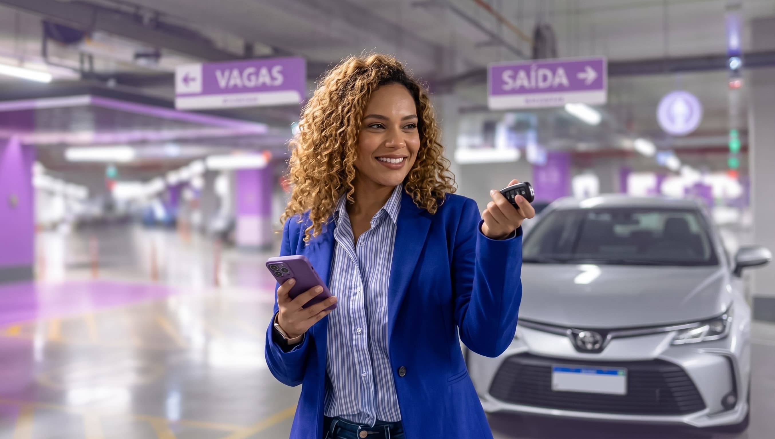 Mensalista sorrindo com o celular na mão, dentro de um estacionamento Maxipark